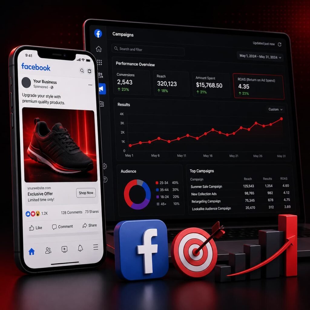 Facebook Ads Management USA – campaign performance dashboard showing conversions, reach, and ROAS results