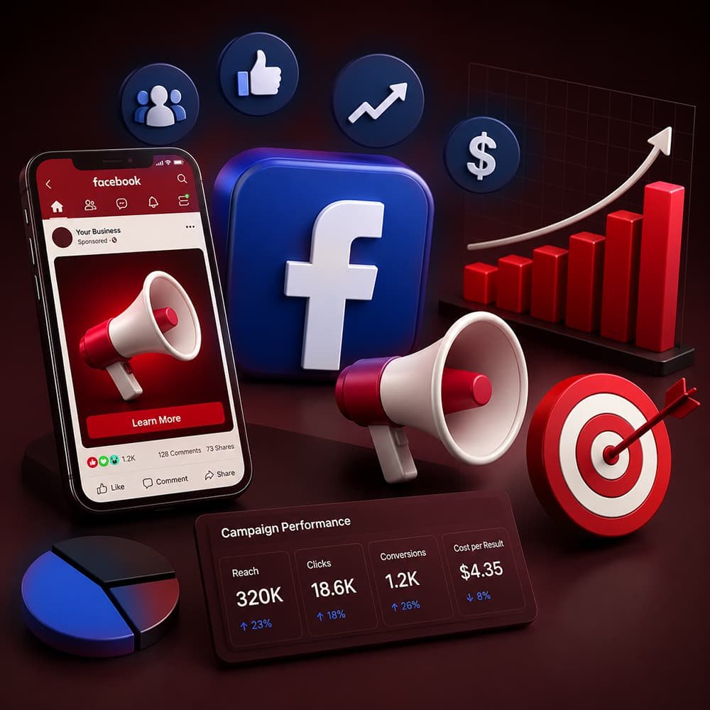 Facebook Advertising Expertise – campaign performance metrics showing reach, clicks, conversions, and cost per result