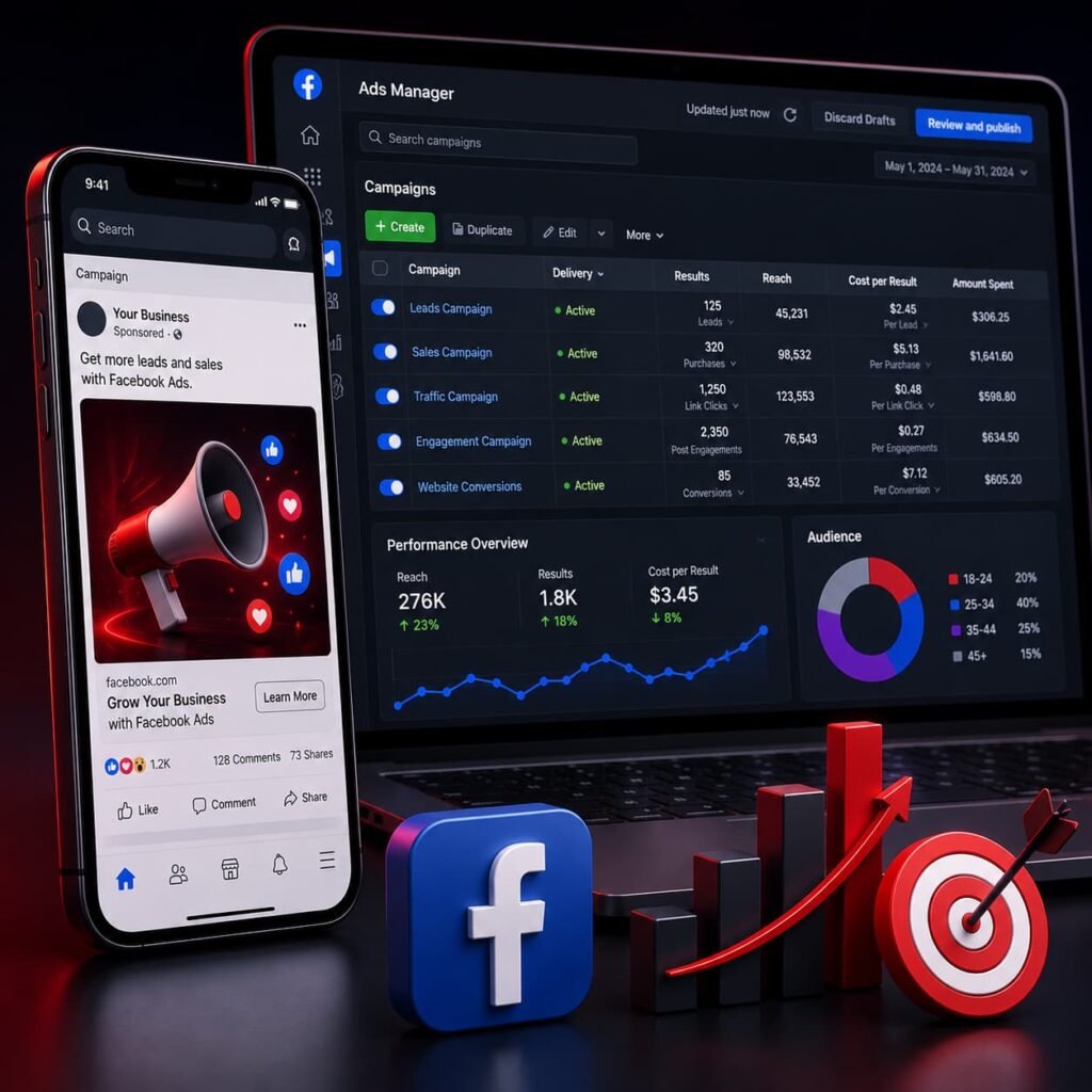 Facebook Lead Generation Agency USA – Ads Manager dashboard showing campaign results, leads, and ROI performance