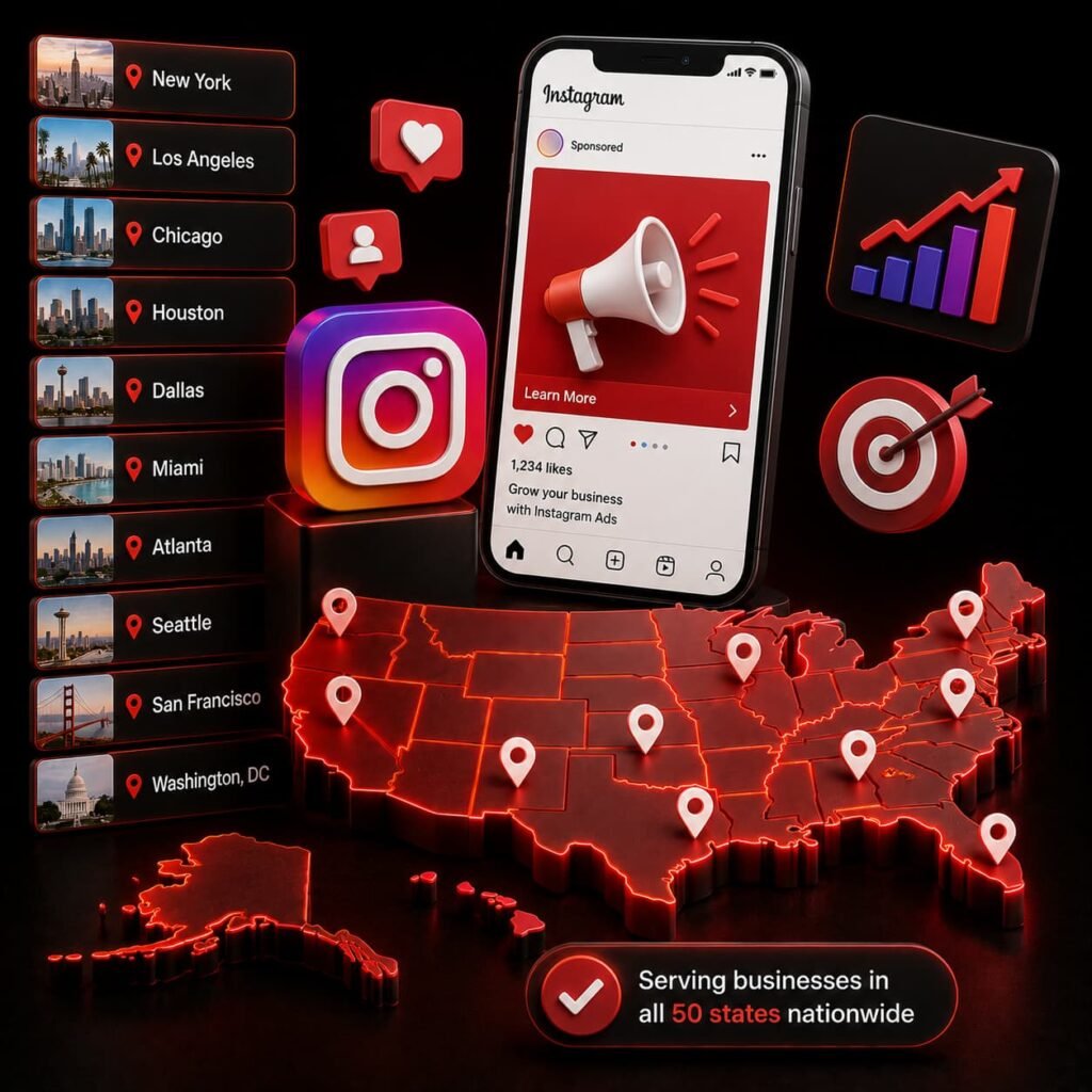 Instagram Advertising Across the USA – nationwide service map covering New York, Los Angeles, Chicago, and major US cities