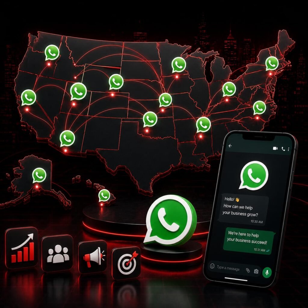WhatsApp Marketing USA nationwide service map covering New York, Los Angeles, Chicago, and major US cities