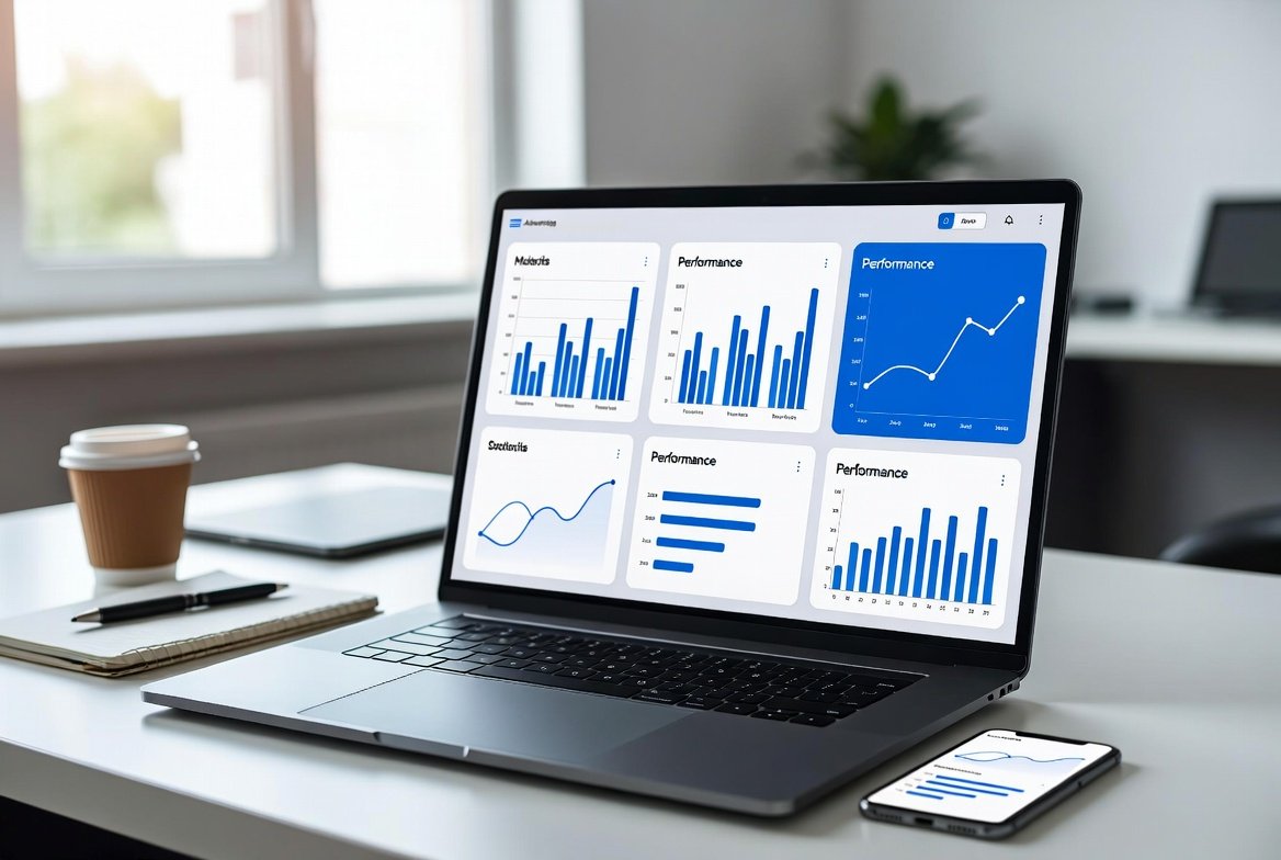 Modern digital marketing and SEO strategy workspace with a large monitor displaying website analytics, keyword rankings, and growth charts, a notebook with digital strategy notes, smartphone, coffee cup, and soft natural daylight in a minimalist office."