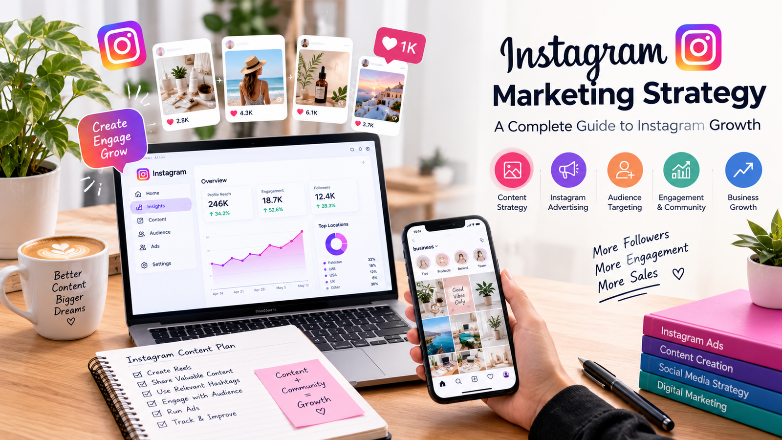 Instagram marketing strategy for business growth, content planning, advertising, and audience engagement