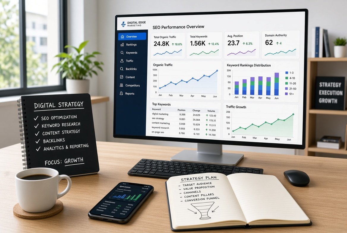 Modern digital marketing and SEO strategy workspace with a large monitor displaying website analytics, keyword rankings, and growth charts, a notebook with digital strategy notes, smartphone, coffee cup, and soft natural daylight in a minimalist office."