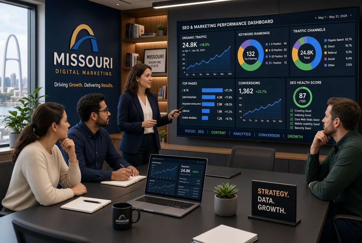 Team of digital marketing experts analyzing SEO growth charts and Missouri business strategies on computer screens.