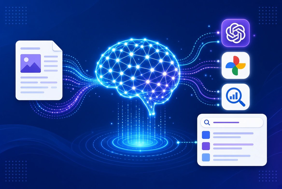 AI brain with glowing circuit network illustrating generative engine optimization (GEO) strategy