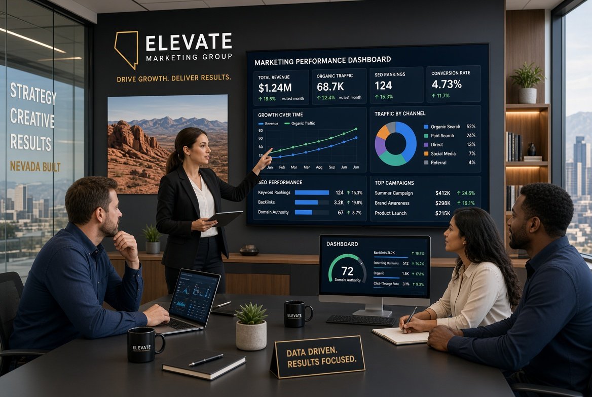Team of digital marketing experts analyzing SEO growth charts and Nevada business strategies on computer screens.