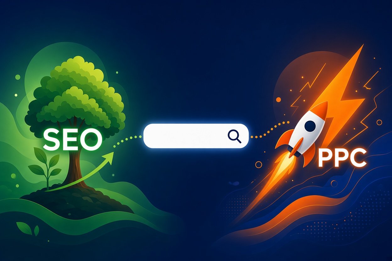 SEO vs PPC comparison showing organic search results next to paid ads