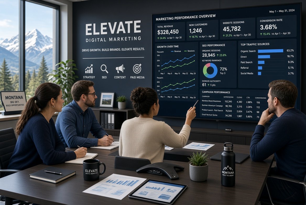 Team of digital marketing experts analyzing SEO growth charts and Montana business strategies on computer screens.