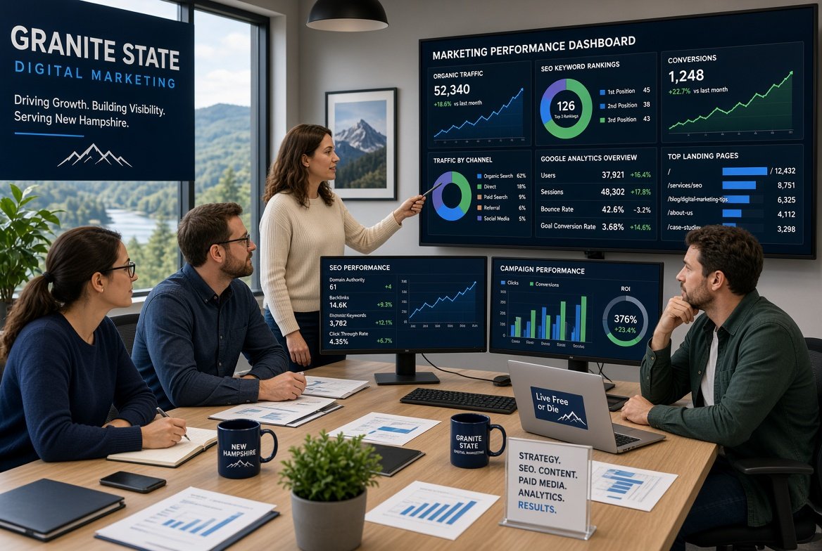Team of digital marketing experts analyzing SEO growth charts and New Hampshire business strategies on computer screens.