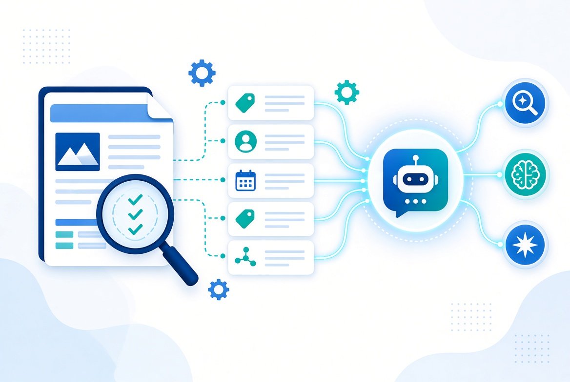 Illustration showing how to optimize content for AI search engines with structured data and schema