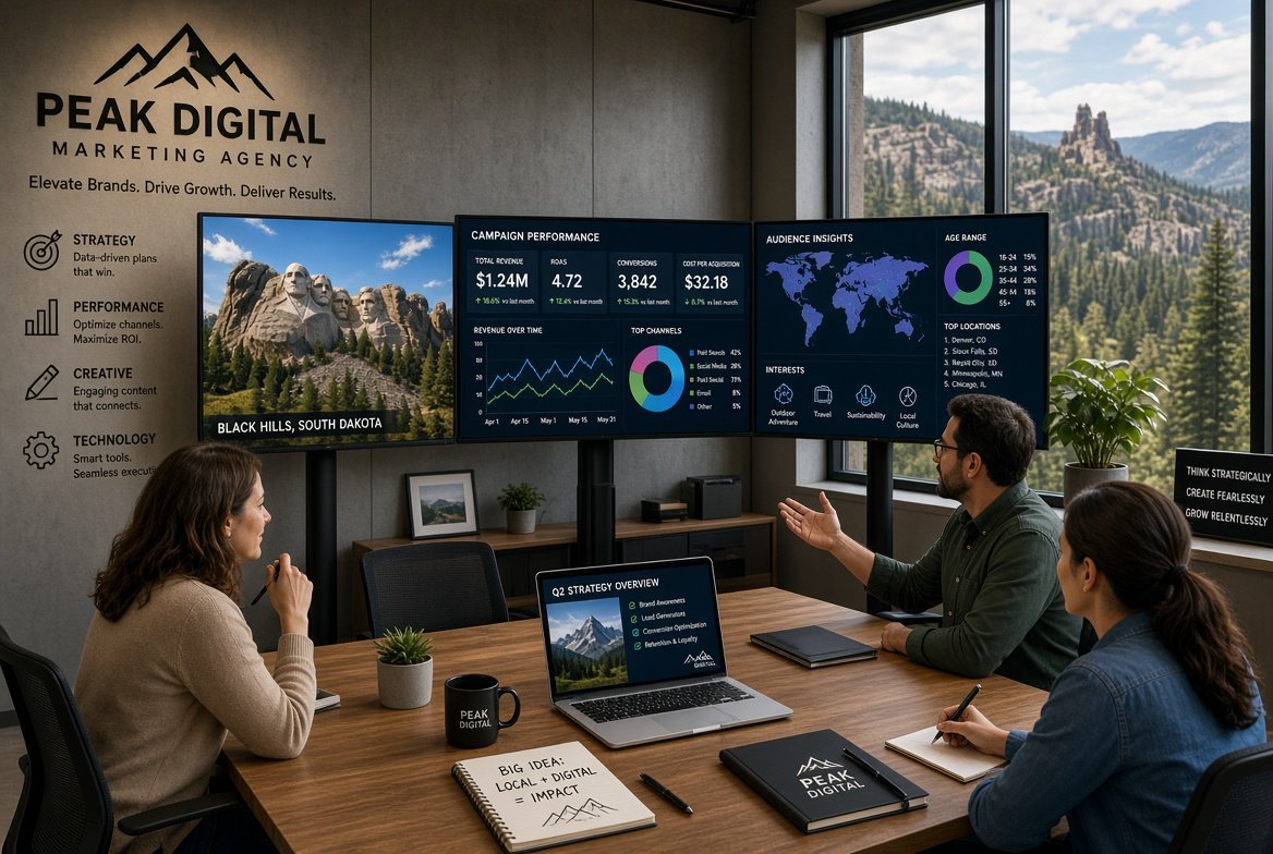 Digital marketing team reviewing South Dakota business growth and local search optimization data.
