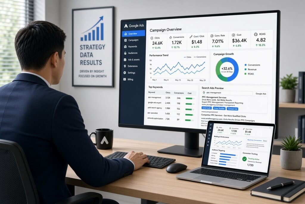 Google Ads Specialist analyzing PPC campaign performance, conversions, keywords, and advertising results