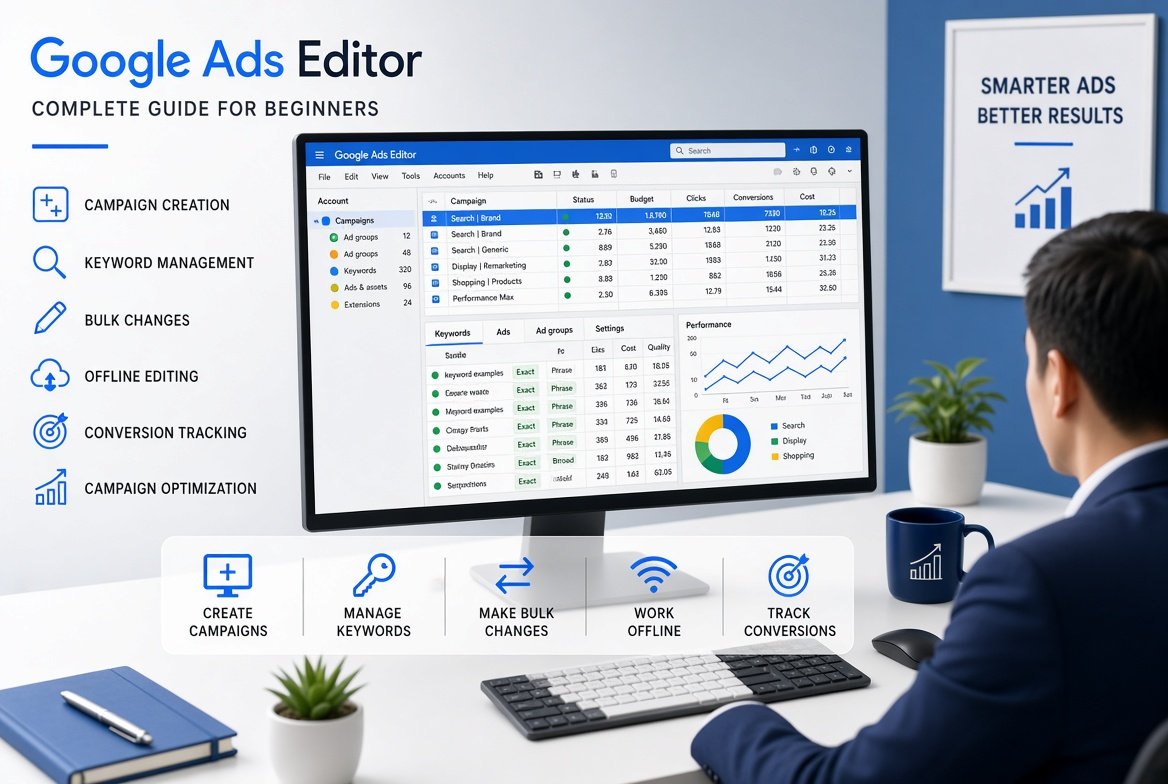 Google Ads Editor interface for managing campaigns, keywords, advertisements, and bulk PPC changes