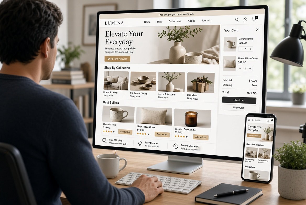 Shopify website design for online stores with responsive ecommerce layouts, product pages, navigation, and shopping features