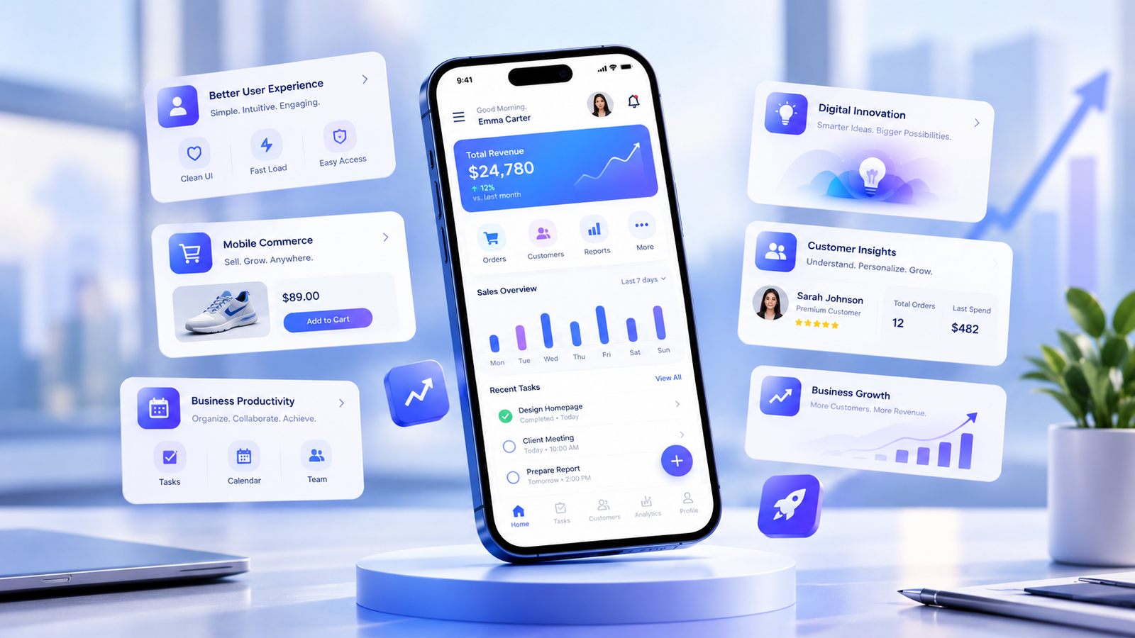 Modern mobile app design showing a business dashboard, analytics, and user interface elements.