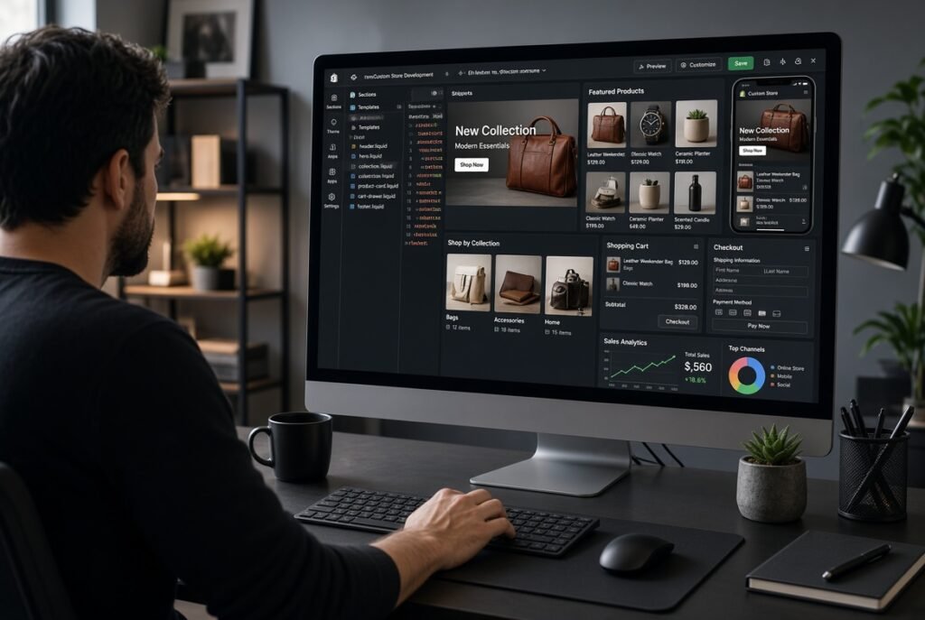 Shopify website developer building a custom ecommerce store with responsive design and advanced Shopify functionality