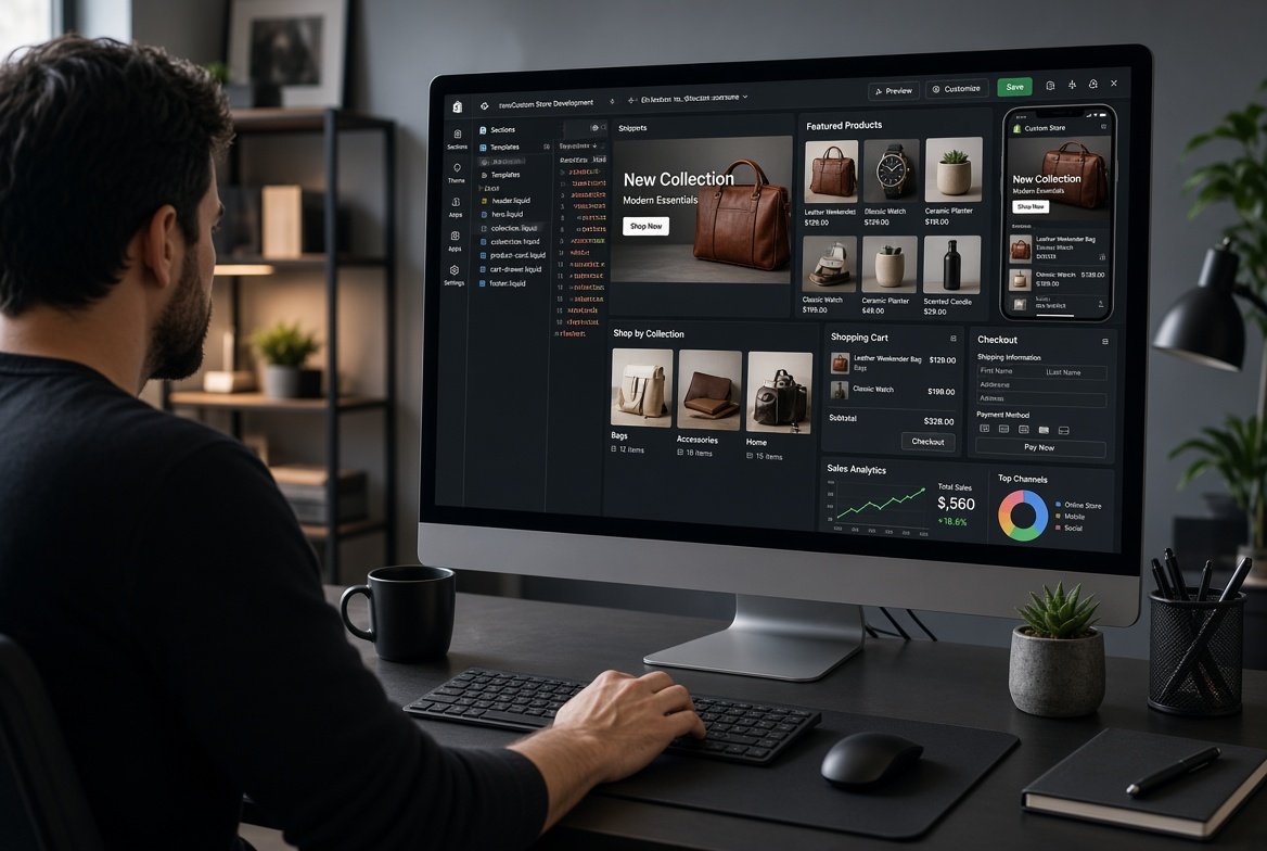 Shopify website developer building a custom ecommerce store with responsive design and advanced Shopify functionality