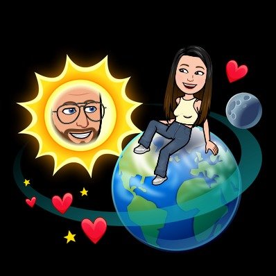Snapchat Planets graphic with two cartoon Bitmoji avatars, one inside a yellow sun and one on planet Earth with an orbit ring of stars and hearts