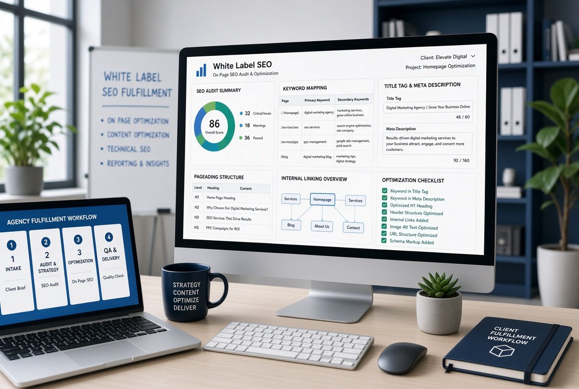 White label on page SEO dashboard showing keyword mapping, meta tags, heading optimization, and internal linking for agency clients