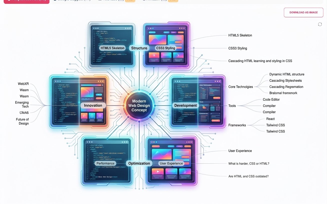 Infographic comparing HyperText Markup Language structure and Cascading Style Sheets styling for modern web design concept