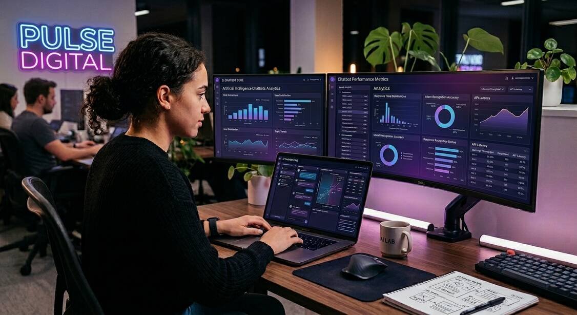 Professional tech workspace with artificial intelligence chatbots analytics on dual monitors and a glowing neon sign displaying PULSE DIGITAL on the back wall