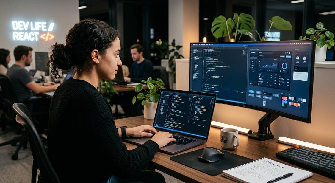 Modern front end web developer working on a laptop with glowing code editor screens and clean user interface UI UX design elements