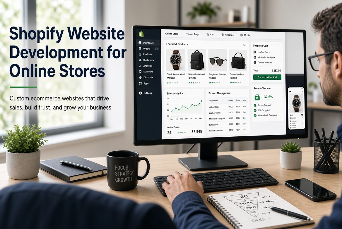 Shopify website development for online stores with ecommerce products, checkout, and sales management