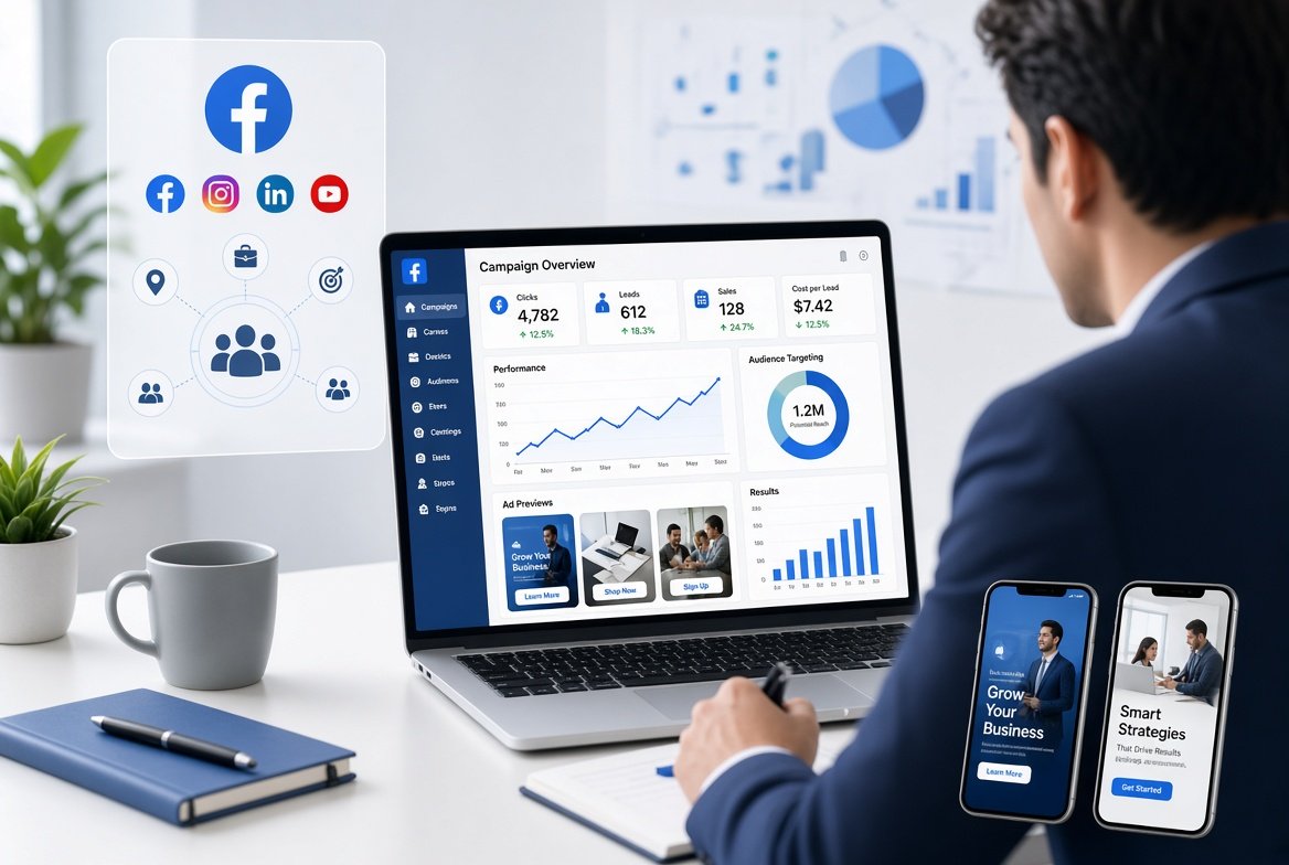 Facebook social ads campaign showing audience targeting, leads, sales, and business growth