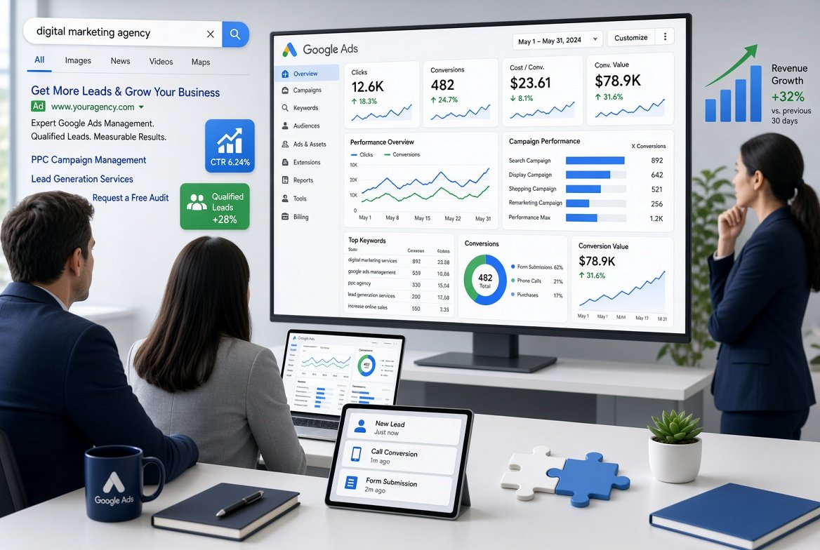 Google Ads agency managing PPC campaigns to generate qualified leads, sales, and advertising growth
