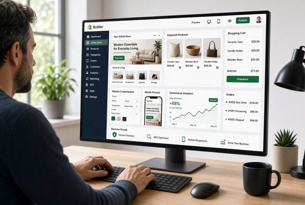 Shopify website builder creating a professional online store with ecommerce products, checkout, customization, and sales tools