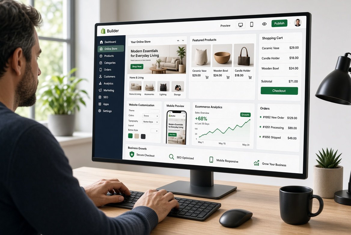 Shopify website builder creating a professional online store with ecommerce products, checkout, customization, and sales tools