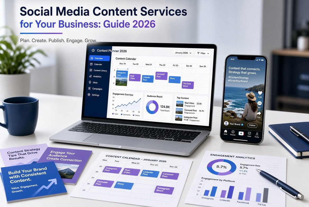 Social media content services showing branded social posts, video content, and marketing creatives on multiple platforms.