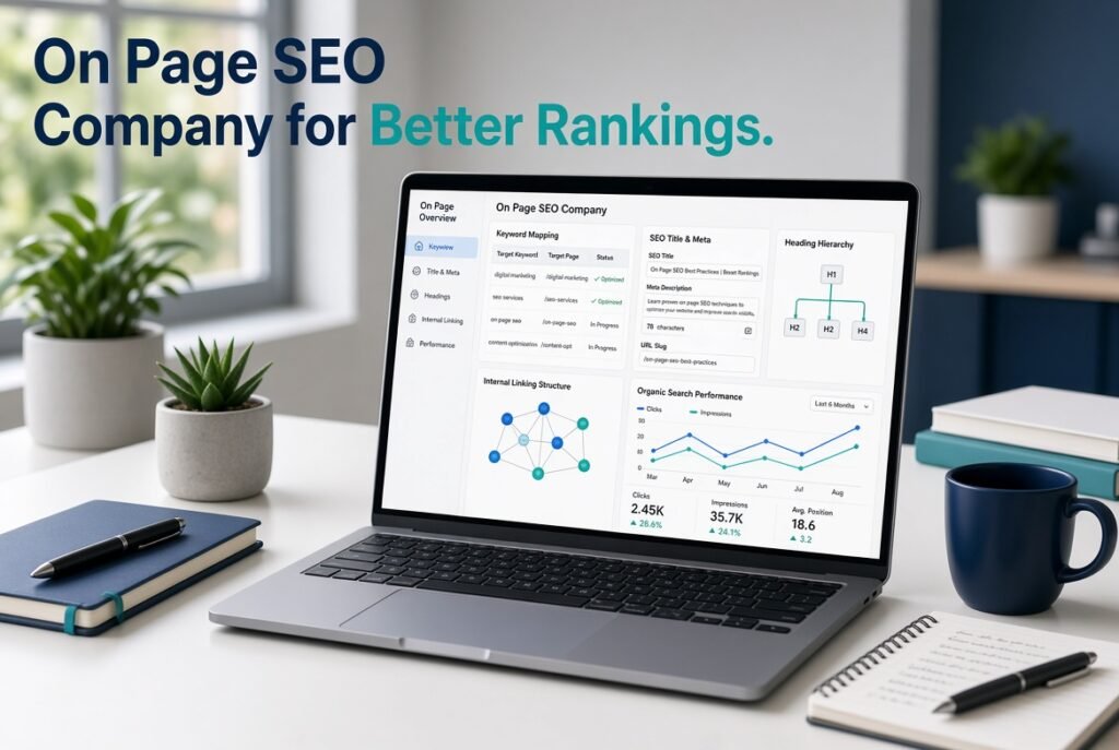 On page SEO company dashboard showing keyword optimization, metadata, heading structure, and internal linking improvements.