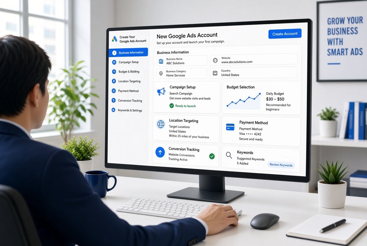Google Ads account setup showing campaign, budget, billing, keywords, and conversion tracking