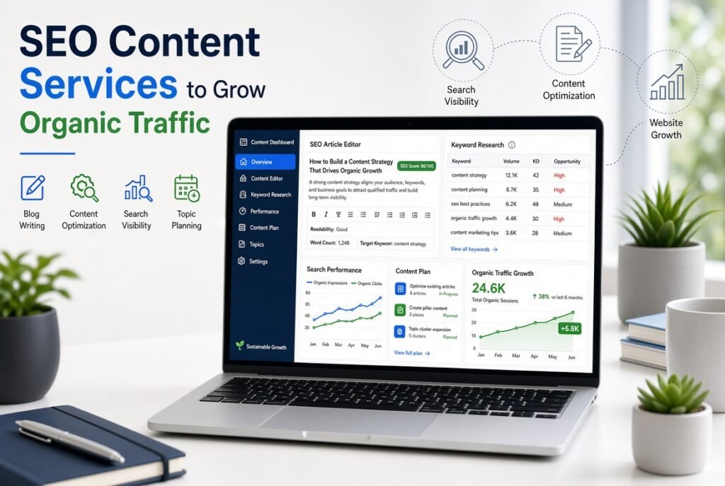 SEO content services dashboard showing content optimization, keyword research, and organic traffic analytics.