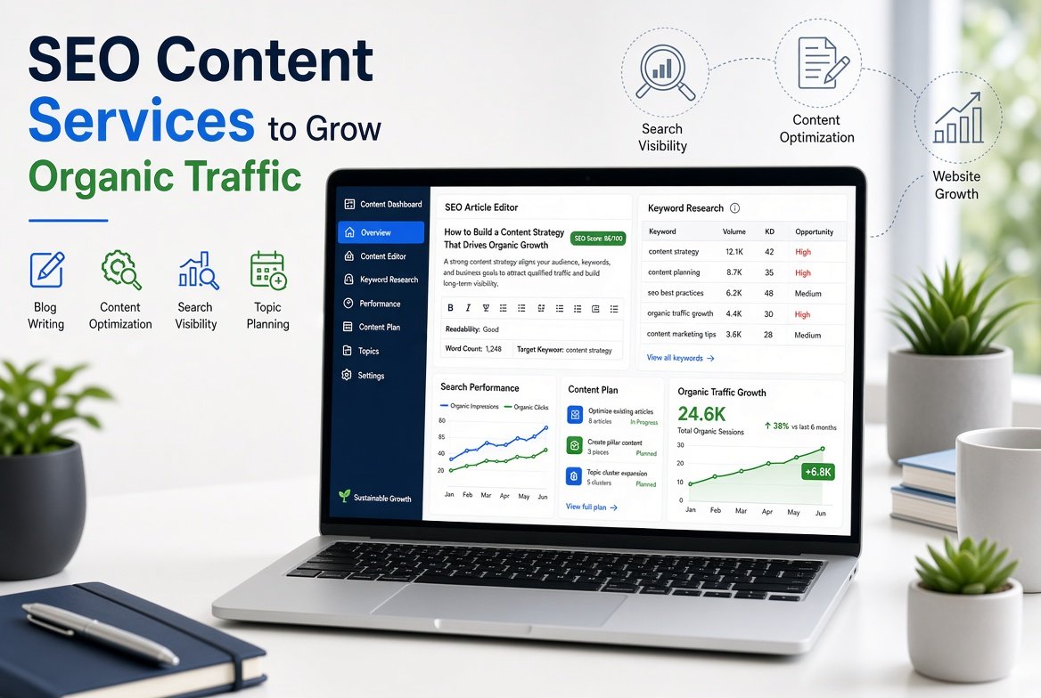 SEO content services dashboard showing content optimization, keyword research, and organic traffic analytics.