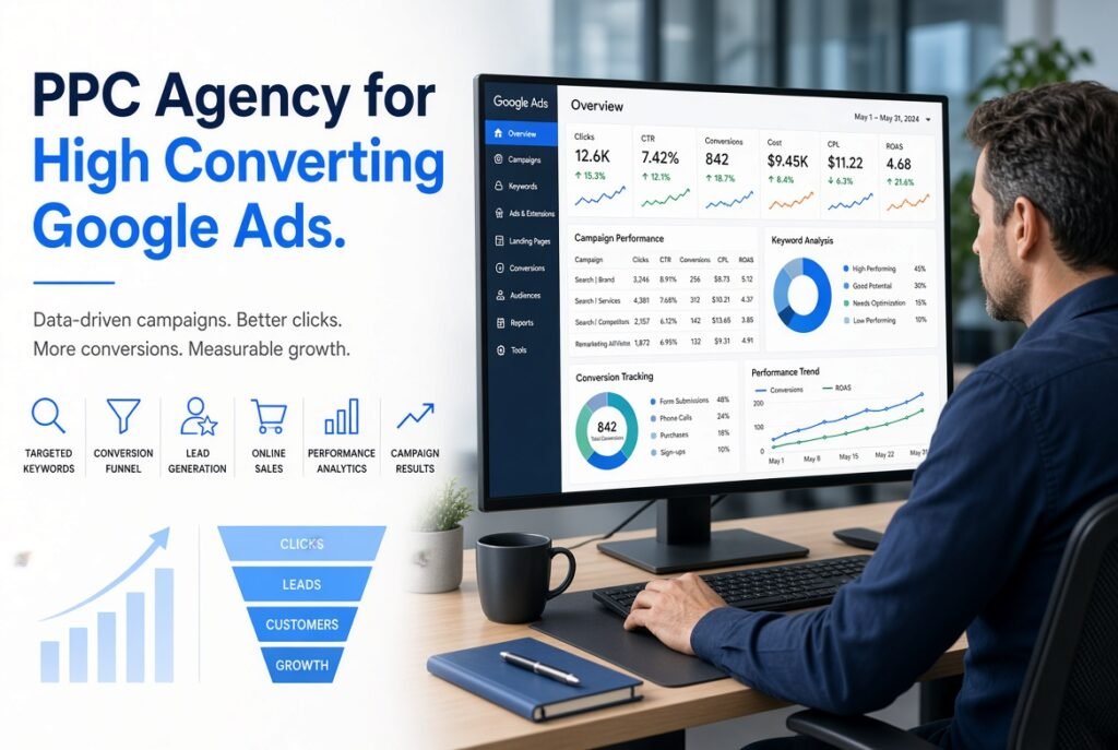 PPC agency managing Google Ads campaigns, conversion tracking, and paid advertising performance.