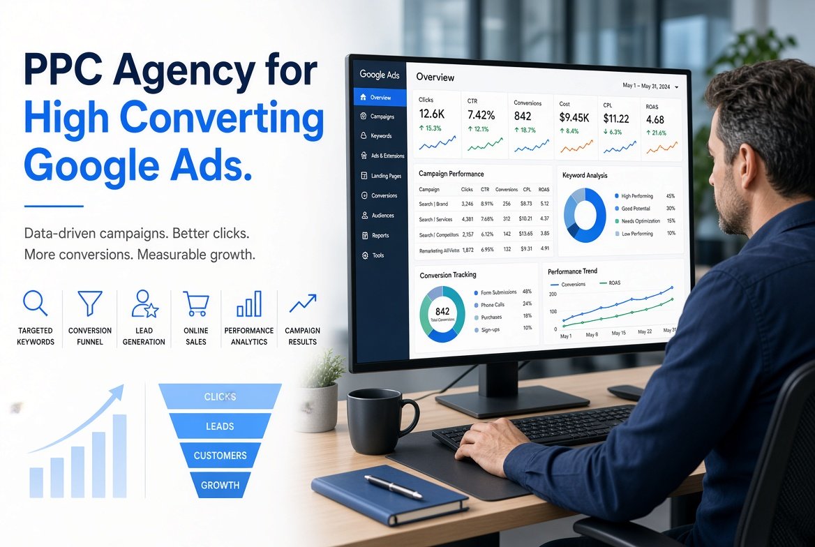 PPC agency managing Google Ads campaigns, conversion tracking, and paid advertising performance.